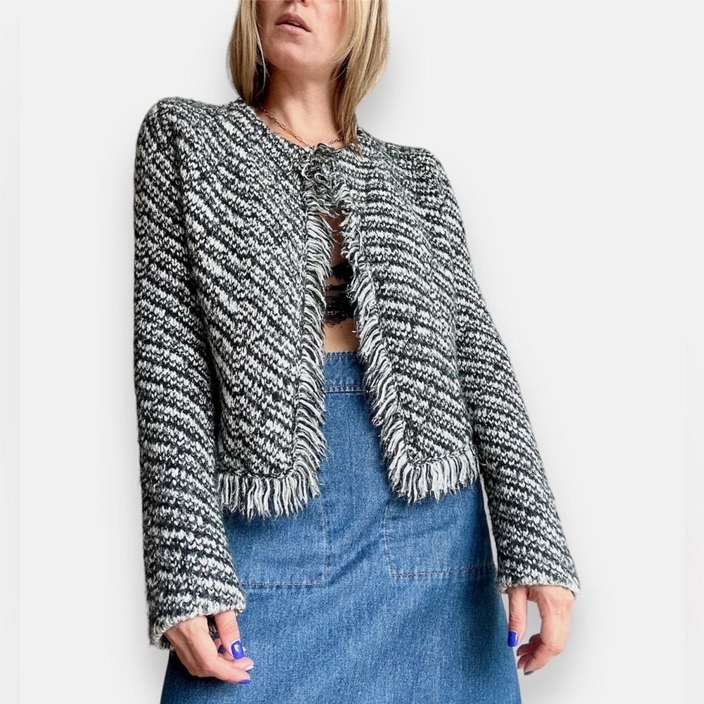MAJE Mask Metallic Boucle Knit Cardigan in Black White Silver